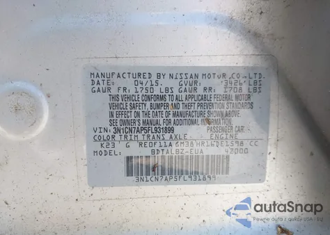 2015 Nissan Versa 1.6 Sv z USA, uszkodzony, nr VIN 3N1CN7AP5FL931899